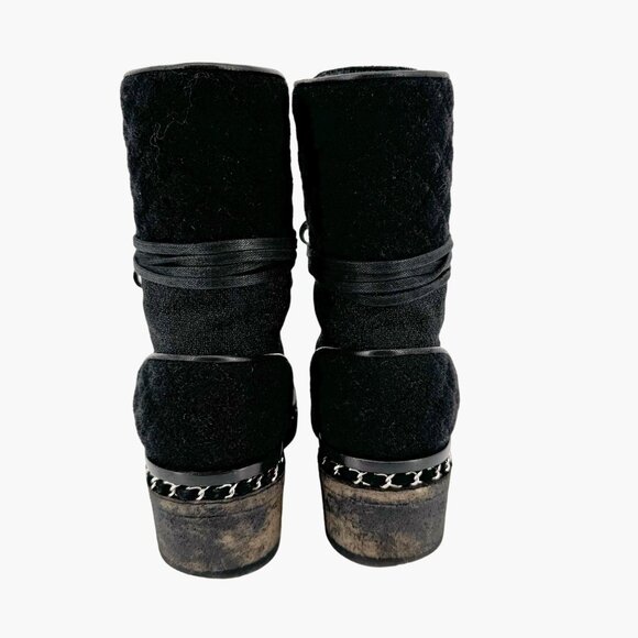 Chanel Tweed Combat Boots EU 37 US 6-6.5 Black CC Chain Quilted Lace Up Ankle - Picture 6 of 11